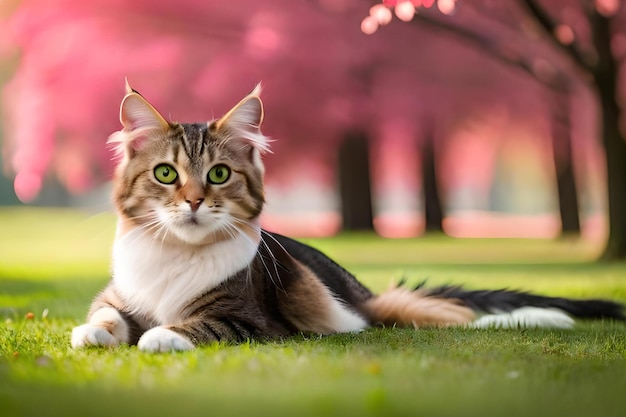 Eine Katze liegt im Gras vor einem rosa Hintergrund