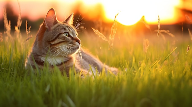 Eine Katze liegt im Gras vor einem Sonnenuntergang