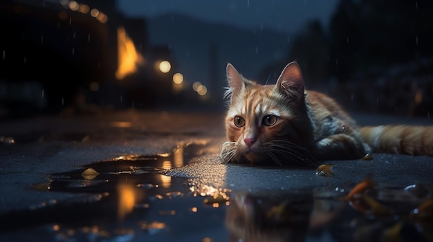 Eine Katze liegt im Regen vor einer Straßenlaterne