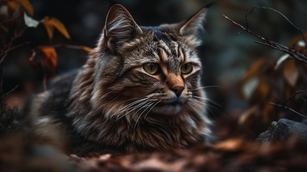 Eine Katze liegt im Wald und blickt in die Kamera.