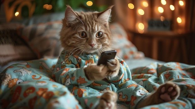 eine Katze liegt in einer Decke mit einer Fernbedienung