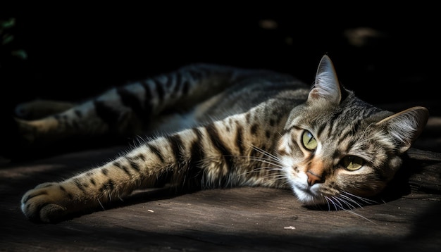 Eine Katze liegt mit nach rechts gedrehtem Kopf auf einem Holzboden.