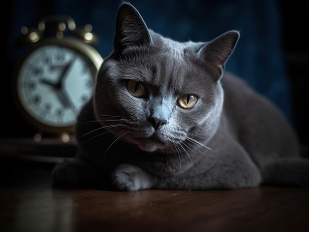 Eine Katze liegt neben einer Uhr mit der Uhrzeit 12:30 Uhr.