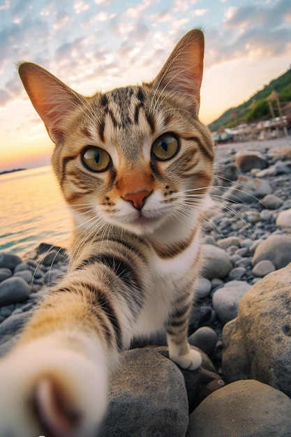 Eine Katze macht ein Selfie mit einer Kamera