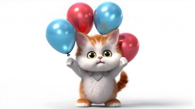 Eine Katze mit Ballons, die "Hallo, Kätzchen" sagt.