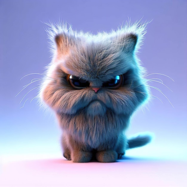 Eine Katze mit blauem Hintergrund und lila Hintergrund.