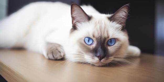 Eine Katze mit blauen Augen liegt auf einem Holzboden.