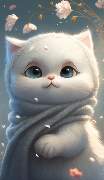 Eine Katze mit blauen Augen sitzt auf einer weißen Decke.
