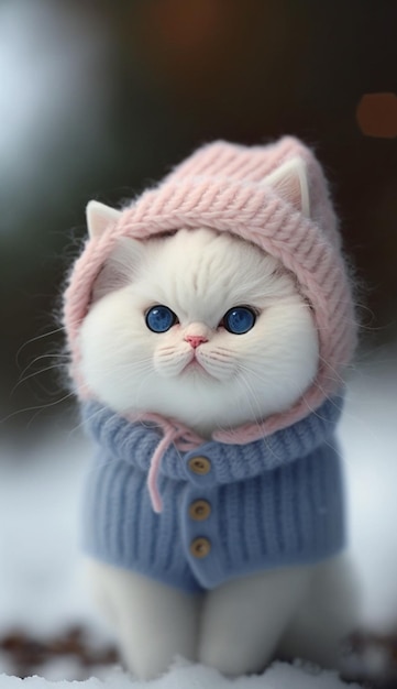 Eine Katze mit blauen Augen sitzt in einem blauen Pullover.