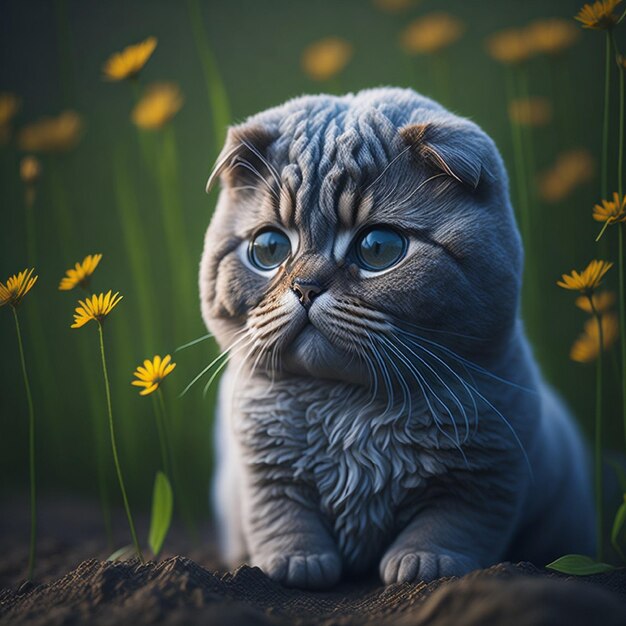 Eine Katze mit blauen Augen sitzt in einem Blumenfeld.