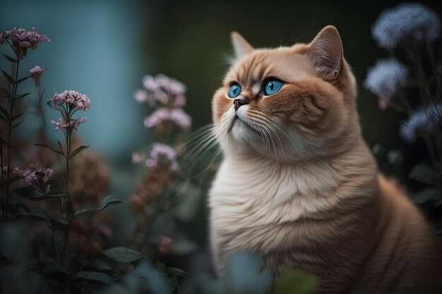 Eine Katze mit blauen Augen sitzt in einem Garten.