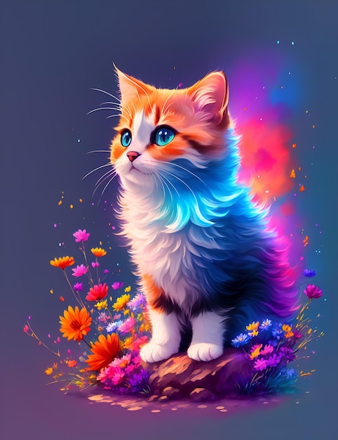 Eine Katze mit blauen Augen steht auf einem Felsen mit Blumen im Hintergrund.