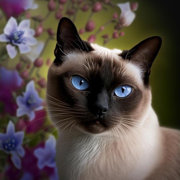 Eine Katze mit blauen Augen steht vor einer Blume.