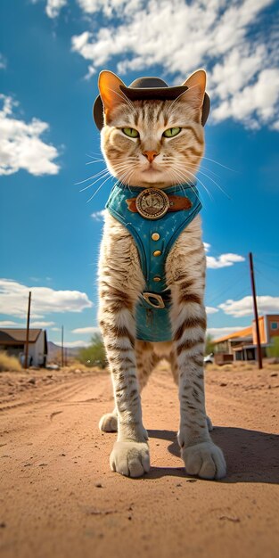 Eine Katze mit blauer Weste steht auf einem Feldweg.