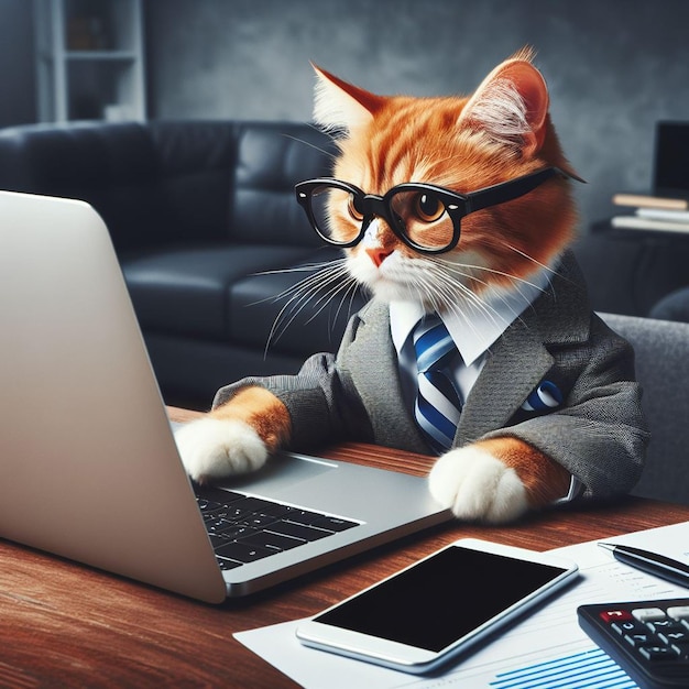 eine Katze mit Brille, die mit einem Laptop Geschäfte macht