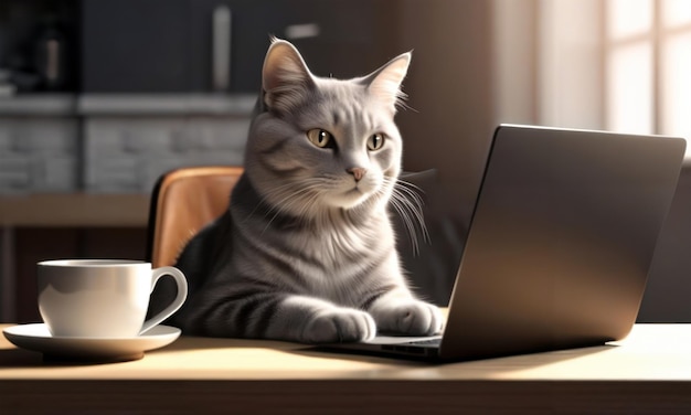 Eine Katze mit Brille, Pullover und Krawatte sitzt vor einem Laptop