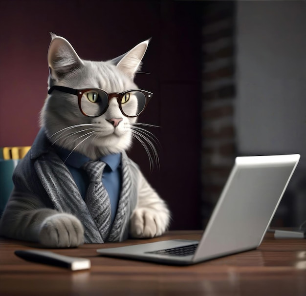 Eine Katze mit Brille, Pullover und Krawatte sitzt vor einem Laptop