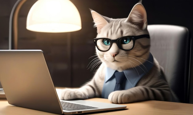 Eine Katze mit Brille, Pullover und Krawatte sitzt vor einem Laptop