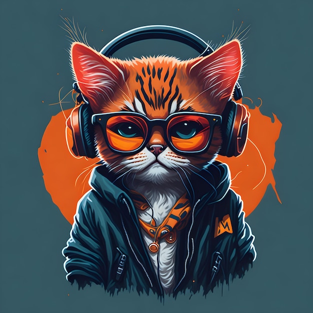 Eine Katze mit Brille und einem Hoodie, auf dem „Katze“ steht