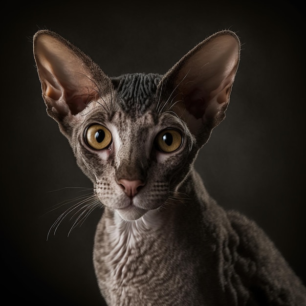 Eine Katze mit dunklem Hintergrund und einem Licht an den Ohren.