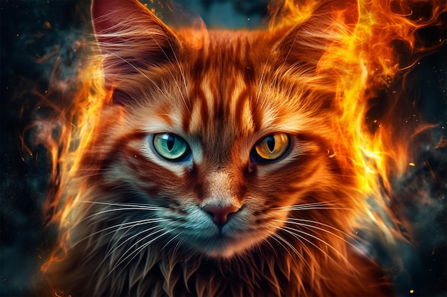 Eine Katze mit einem Feuer im Gesicht