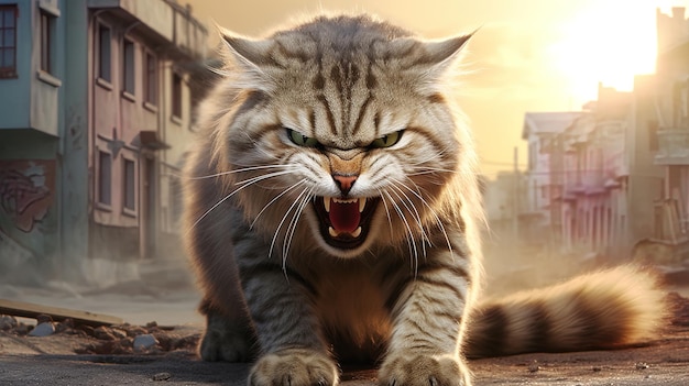 Eine Katze mit einem furchteinflößenden, wütenden Gesichtsausdruck