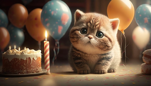 Eine Katze mit einem Geburtstagskuchen und einem Kuchen