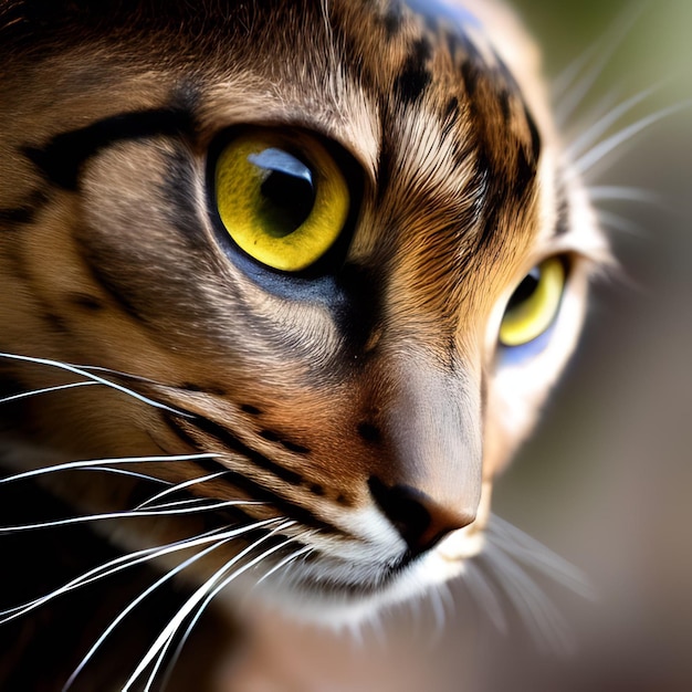 Eine Katze mit einem gelben Auge und einem schwarzen Fleck im Gesicht.