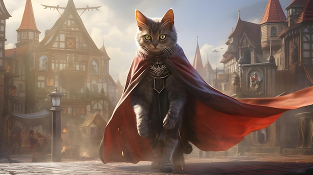 eine Katze mit einem Mini-Cape, die um einen mittelalterlichen Stadtplatz herumläuft