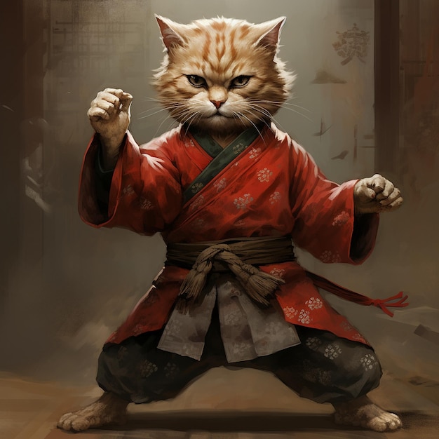 eine Katze mit einem roten Kimono auf dem Rücken