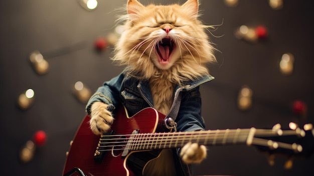 eine Katze mit einem T-Shirt mit der Aufschrift „Katze“ auf der Gitarre.