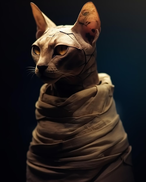 Eine Katze mit einem Verband am Hals sitzt in einem dunklen Raum