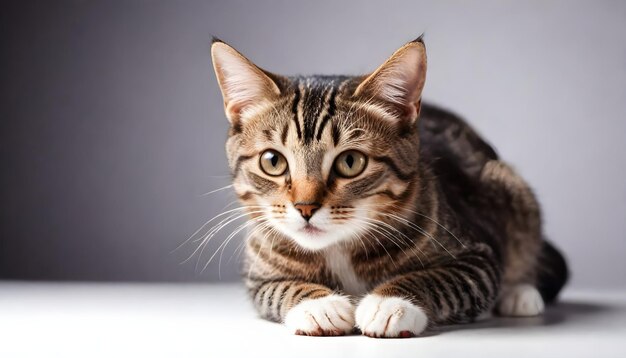 eine Katze mit einem weißen Schnurrbart und einer schwarz-braunen gestreiften Katze, die auf einem grauen Hintergrund liegt