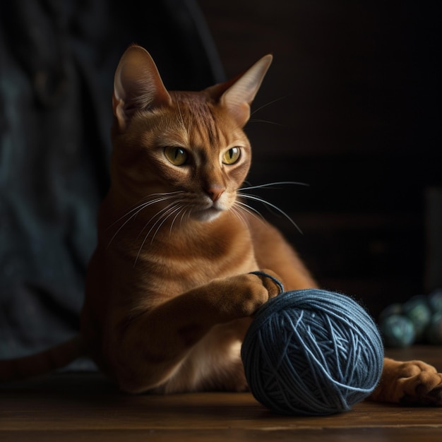 Eine Katze mit einem Wollknäuel in der Pfote.