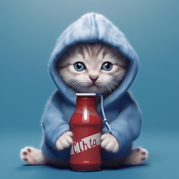 eine Katze mit einer blauen Kapuze, auf der „Milch“ steht