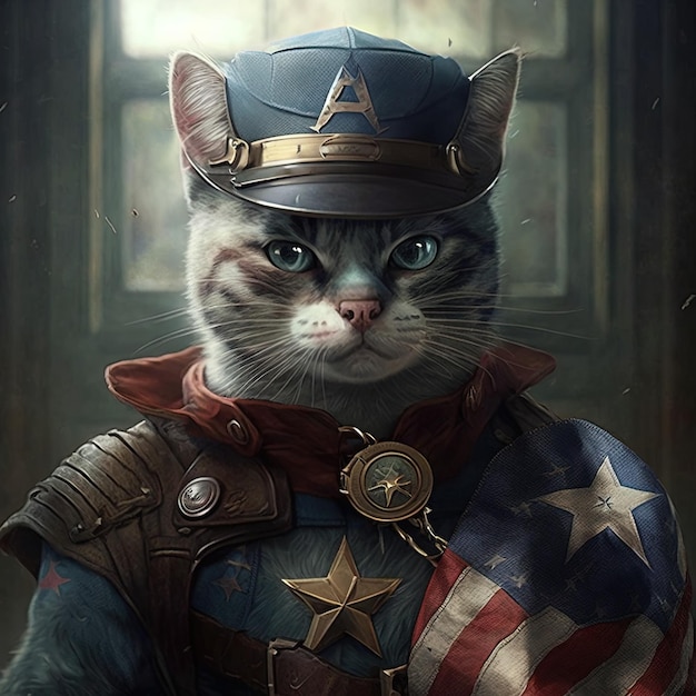 Eine Katze mit einer Captain-America-Uniform