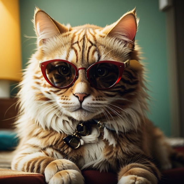 Eine Katze mit einer klassischen Wayfarer-Sonnenbrille, die sich in der Sommersonne sonnt