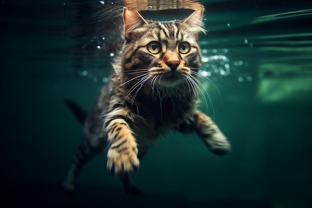 Eine Katze mit einer Maske auf dem Kopf schwimmt im Wasser.