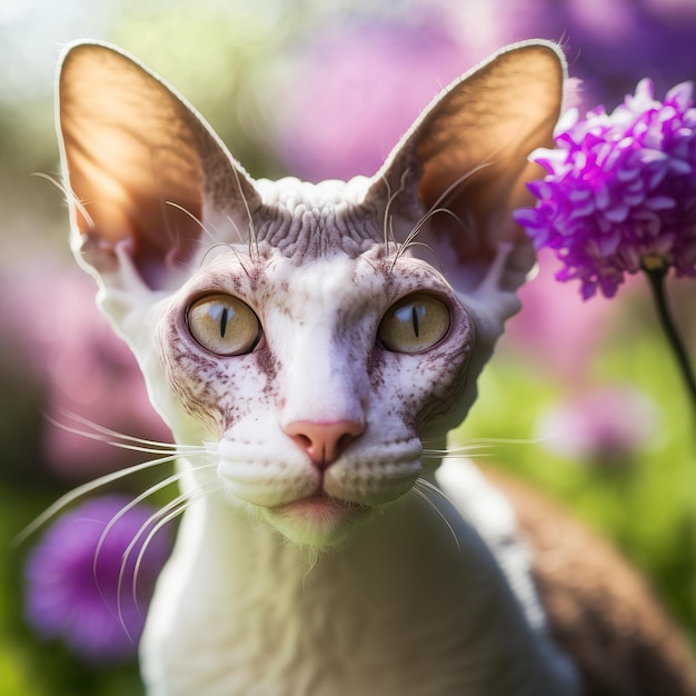 Eine Katze mit einer rosa Nase ist im Gras.