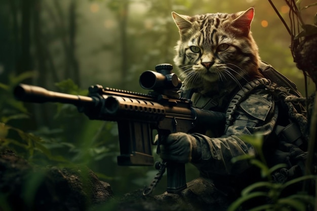 Eine Katze mit einer Waffe im Wald