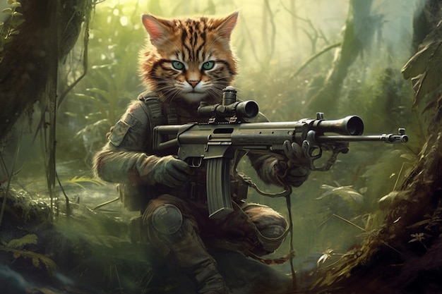 Eine Katze mit einer Waffe wird in einem Wald gezeigt.