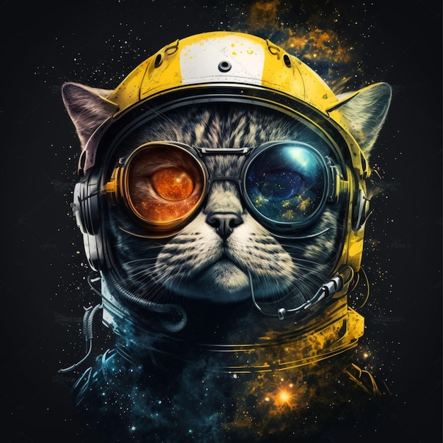 Eine Katze mit gelbem Helm und Brille