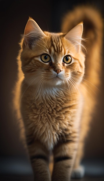 Eine Katze mit gelben Augen steht auf dunklem Hintergrund.