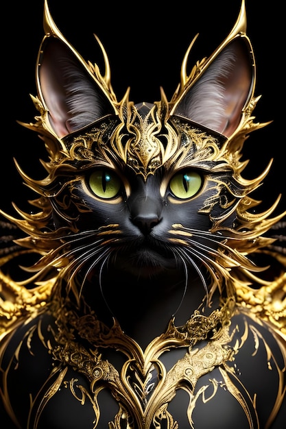 Eine Katze mit goldenen und schwarzen Federn und grünen Augen.