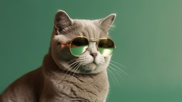 Eine Katze mit goldener Brille und grünem Hintergrund