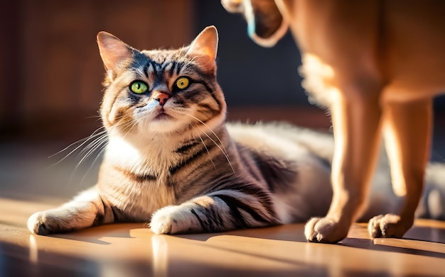 Eine Katze mit grünen Augen liegt auf einem Holzboden.