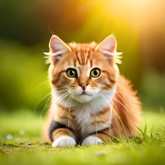 Eine Katze mit grünen Augen liegt im Gras.