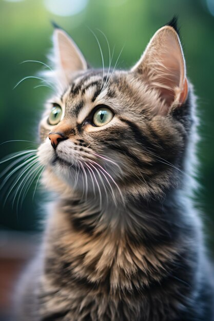 Eine Katze mit grünen Augen starrt nach oben