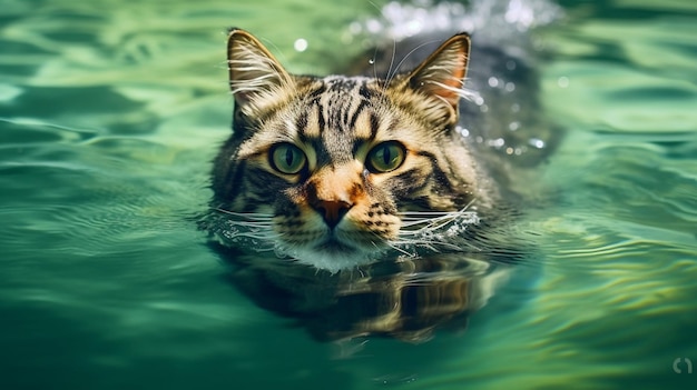 Eine Katze mit grünen Augen und einem weißen Streifen schwimmt im Wasser.