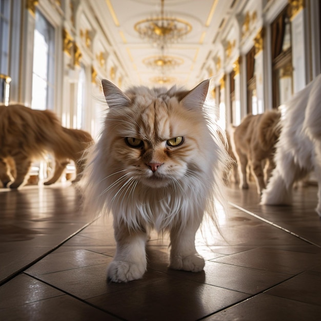 Eine Katze mit grünen Augen und einer weißen Nase läuft auf einem Fliesenboden.